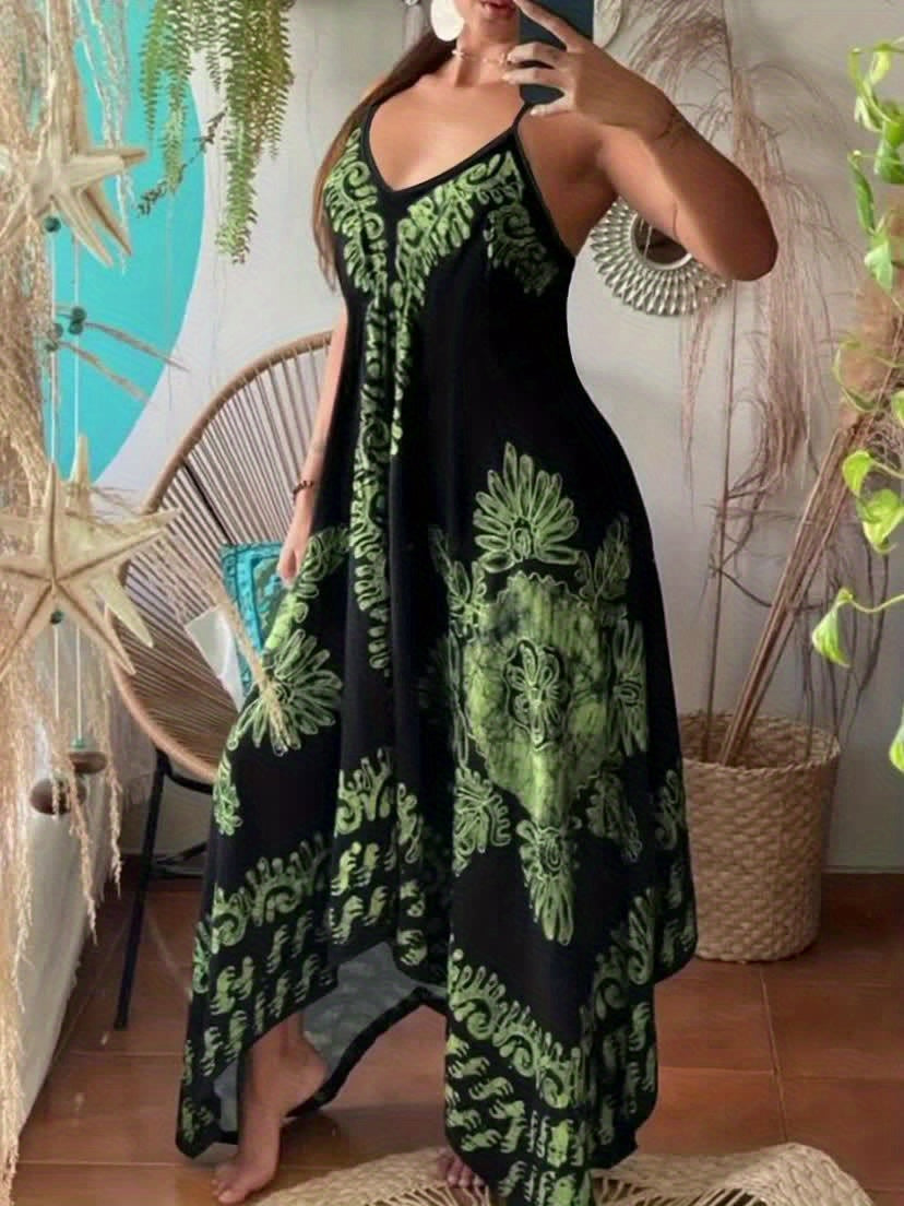 Bohemian Floral Maxi Dress – V-Neck Spaghetti Strap Summer Dress