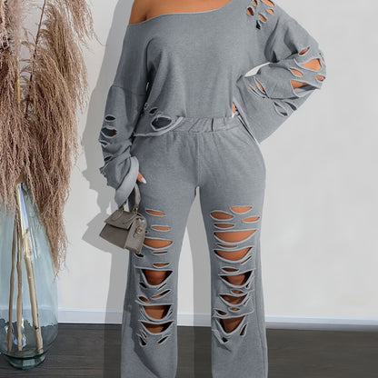 Ensemble 2 pièces femme épaules dénudées délavé – Haut manches longues et pantalon déchiré