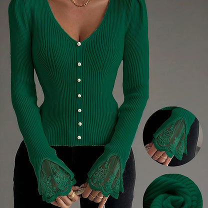 Pull élégant rose à col en V pour femme – Haut en maille côtelée à manches longues