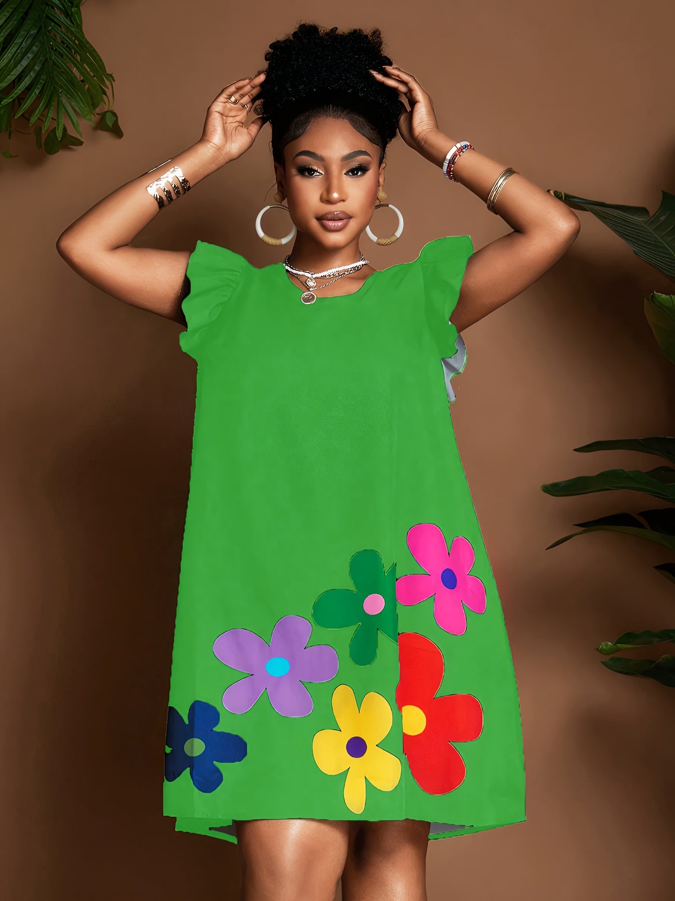 Vestido de verano con volantes en las mangas y estampado floral – Elegante vestido de verano hasta la rodilla
