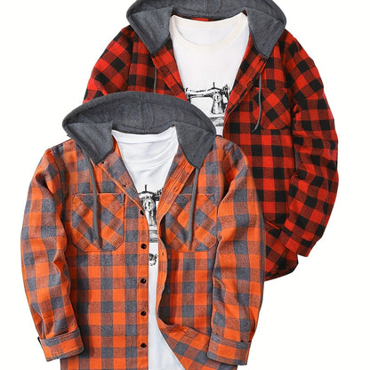 Camisas a cuadros con capucha para hombre, 2 piezas – Conjunto de chaqueta tipo suéter con botones