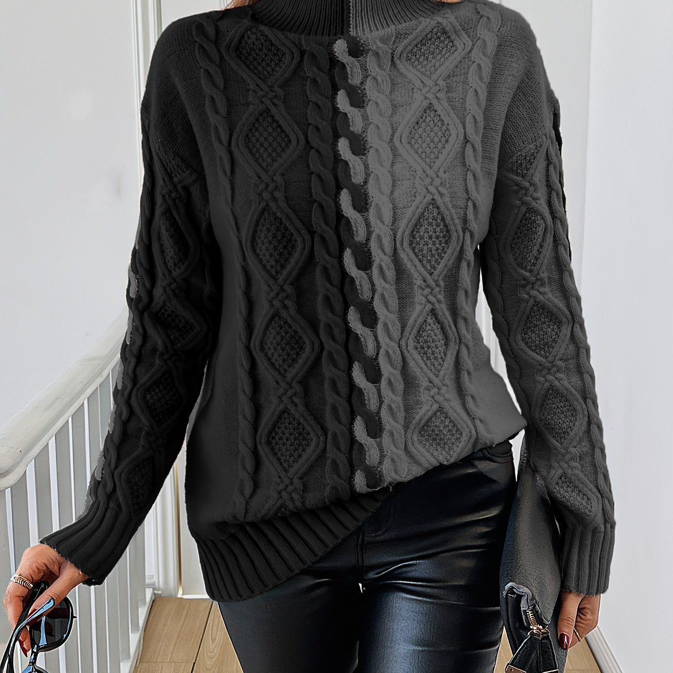 Blusa Elegante de Rayas con Cuello Alto – Top de Manga Larga de Punto Color Block