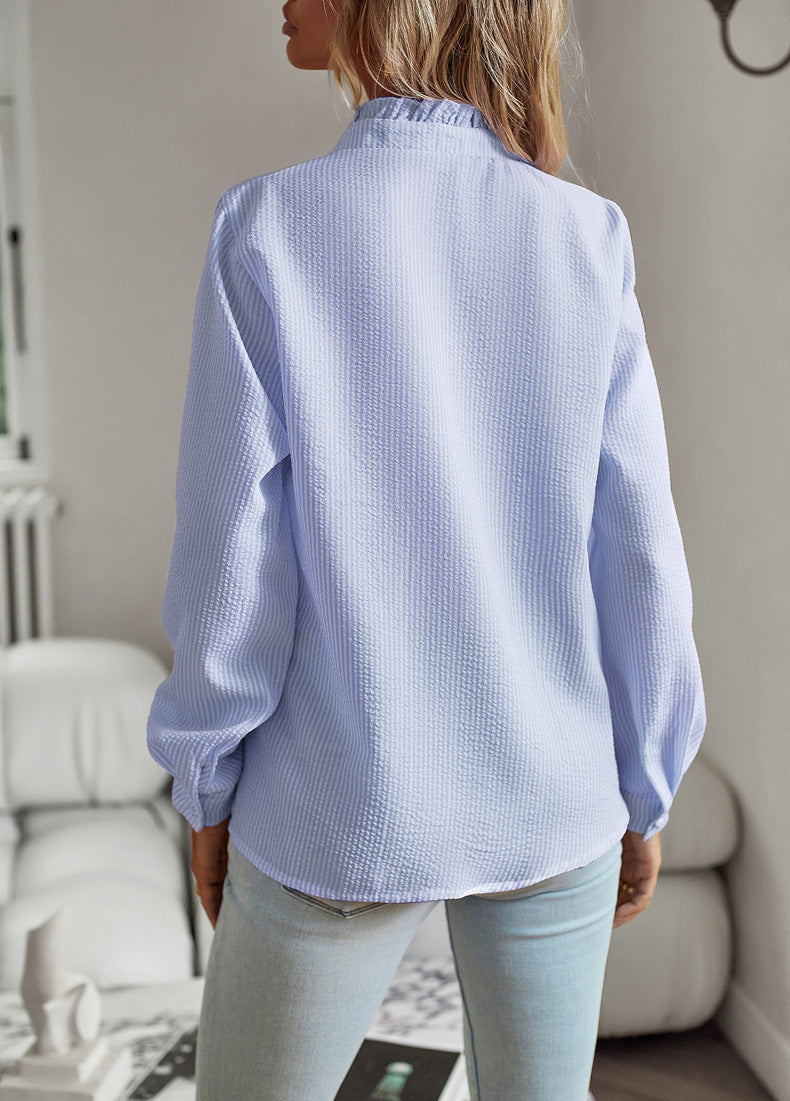 Blusa con botones, volantes y rayas Loom & Soul™ – Elegante camisa de oficina y casual de manga larga para mujer