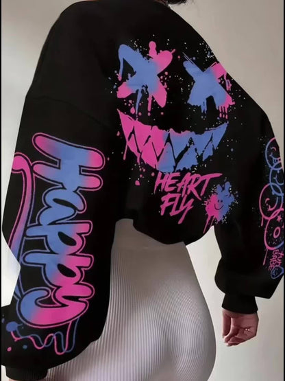 Sudadera con letras de grafiti para mujer – Jersey artístico negro para otoño/invierno