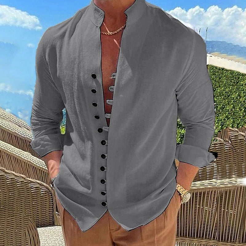 Camisa de lino y algodón para hombre con cuello alto – Cárdigan casual de corte holgado