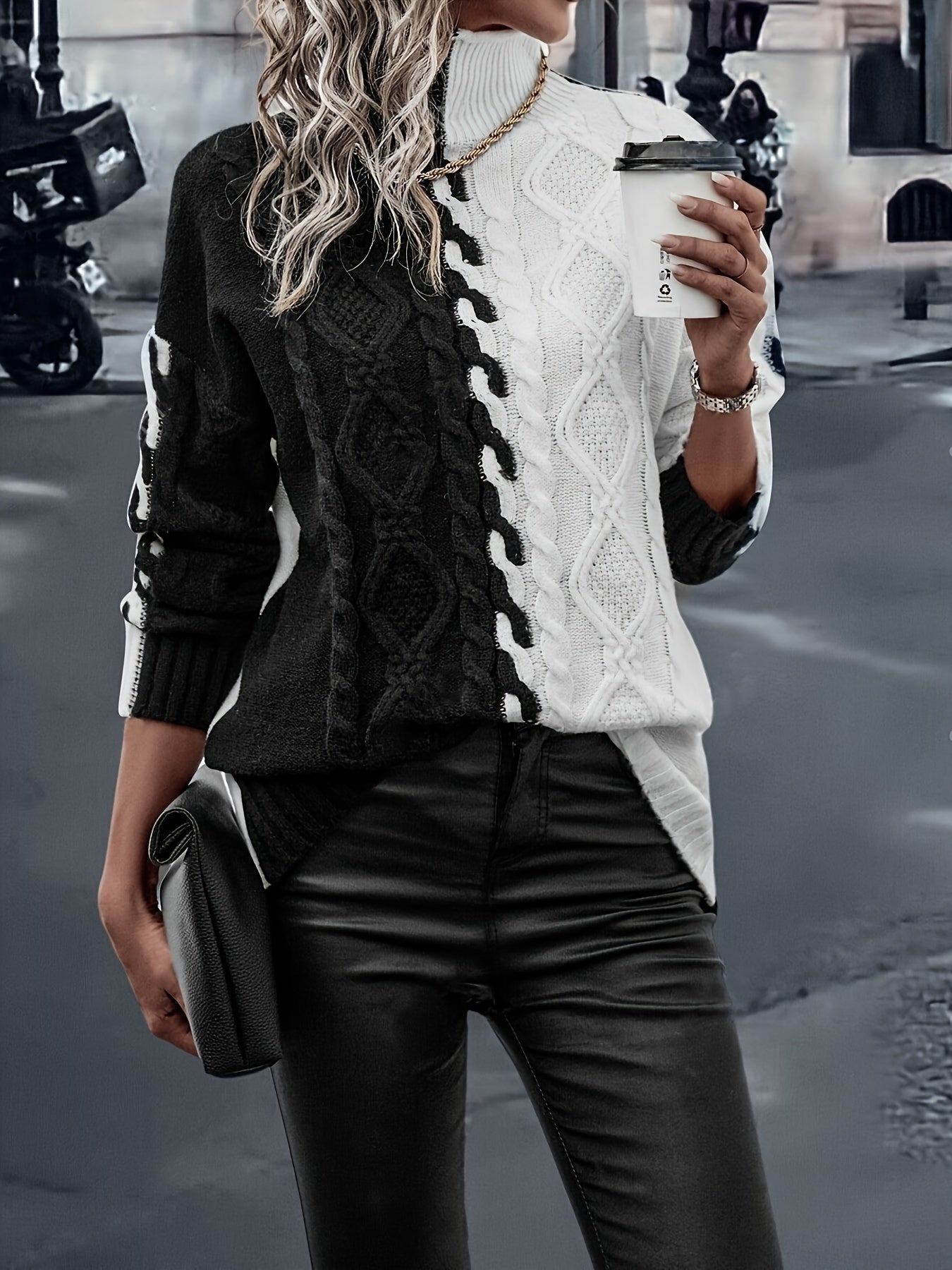 Blusa Elegante de Rayas con Cuello Alto – Top de Manga Larga de Punto Color Block