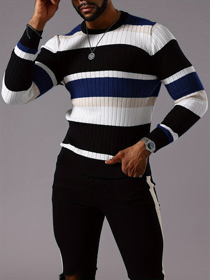 Pull rayé en tricot côtelé pour homme – Pull Color Block Automne Hiver