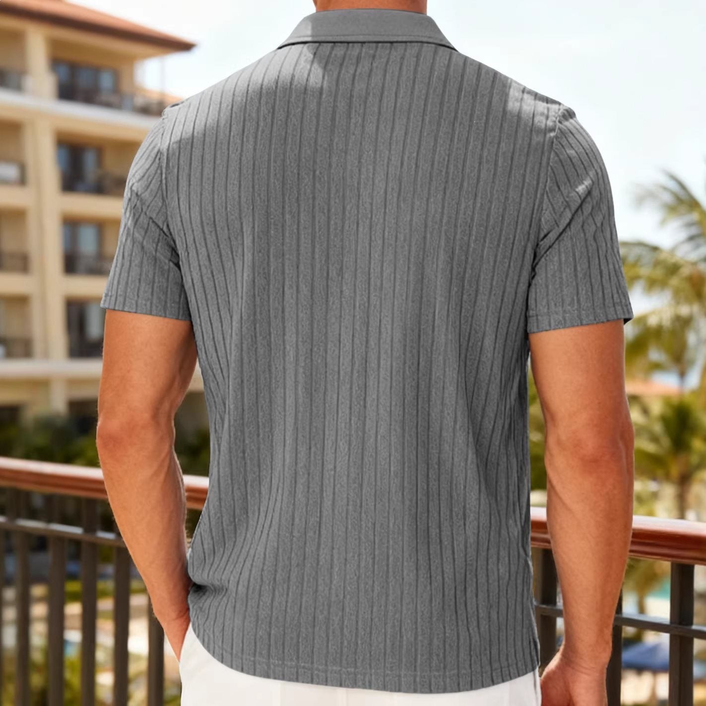 Men’s Jacquard Striped Shirt – Textured Lapel Summer Fit