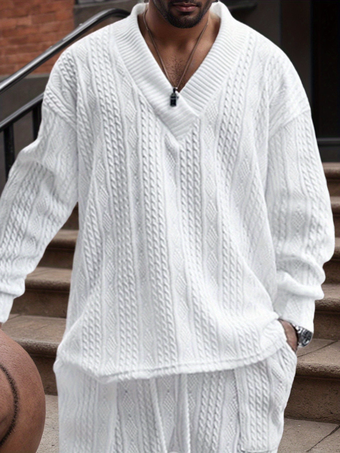 Suéter de punto con cuello en V para hombre – Jersey casual de jacquard acanalado