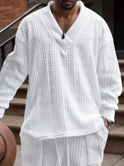 Suéter de punto con cuello en V para hombre – Jersey casual de jacquard acanalado