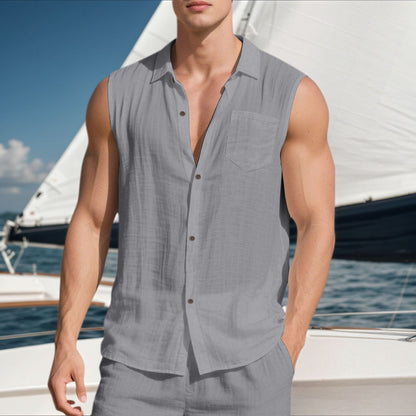 Men’s Linen Sleeveless Shirt – Open Lapel Summer Layer