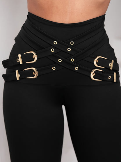 Pantalones de mujer de cintura alta con hebilla cruzada – Leggings elásticos de ajuste escultural