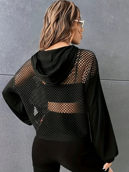 Camiseta de manga larga con capucha de malla Y2K – Top de calle transparente con contraste para mujer