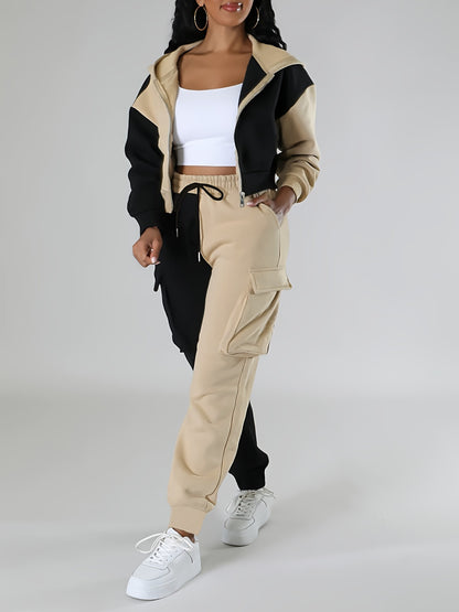 Colorblock Hooded Jacket & Cargo Pants Set – Women’s Zip-Up Two-Piece