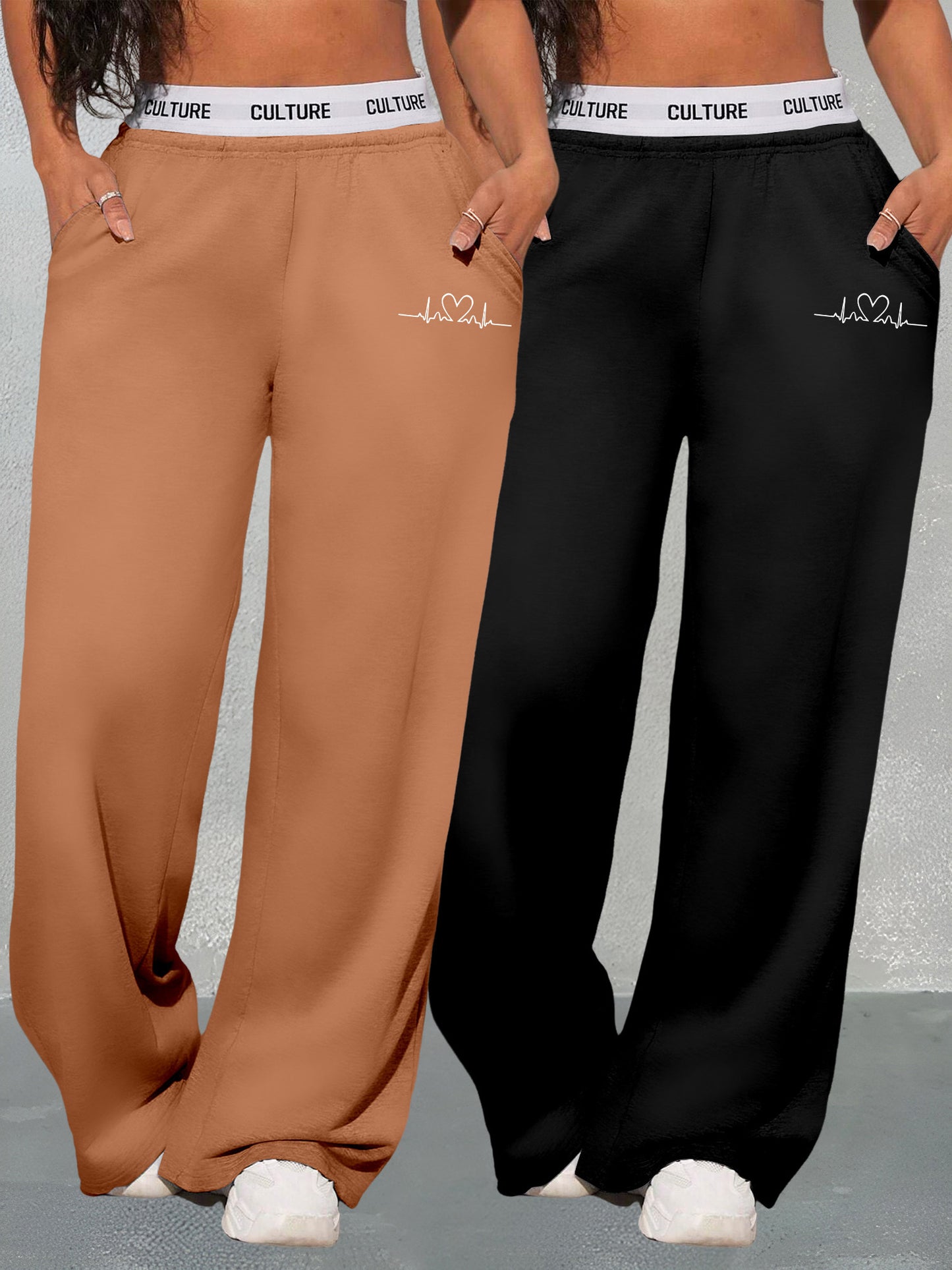 Conjunto de dos piezas con estampado geométrico de amor para mujer – Pantalones de cintura alta y pierna ancha