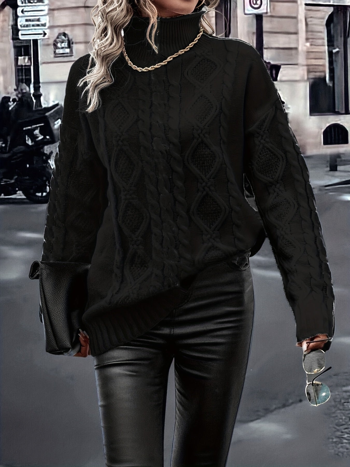 Blusa Elegante de Rayas con Cuello Alto – Top de Manga Larga de Punto Color Block