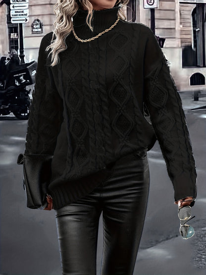 Blusa Elegante de Rayas con Cuello Alto – Top de Manga Larga de Punto Color Block
