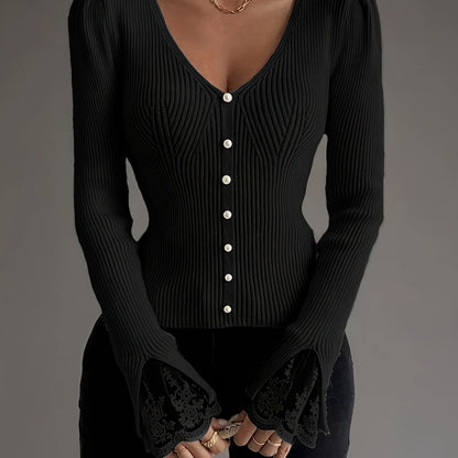 Pull élégant rose à col en V pour femme – Haut en maille côtelée à manches longues