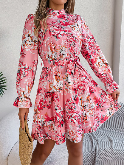 Loom & Soul™ Vestido Largo Floral con Volantes – Vestido Acampanado de Cuello Alto para Mujer con Cintura Elástica para Primavera y Otoño