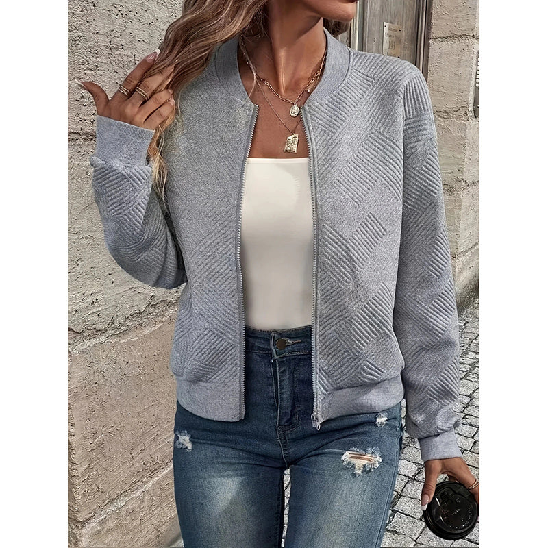 Chaqueta bomber texturizada de Loom & Soul para mujer – Abrigo de moda de otoño con cuello alto y cremallera | Ropa de abrigo informal, ligera y elegante
