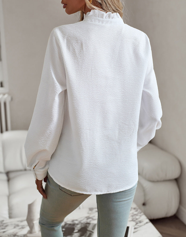 Blusa con botones, volantes y rayas Loom & Soul™ – Elegante camisa de oficina y casual de manga larga para mujer