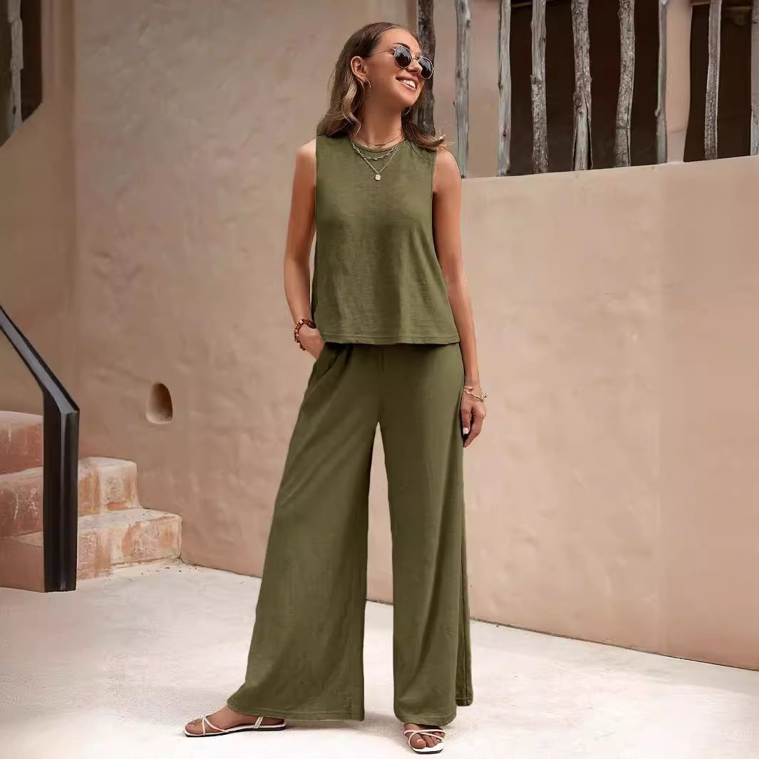 Conjunto de lino de dos piezas para mujer – Top sin mangas y pantalón holgado