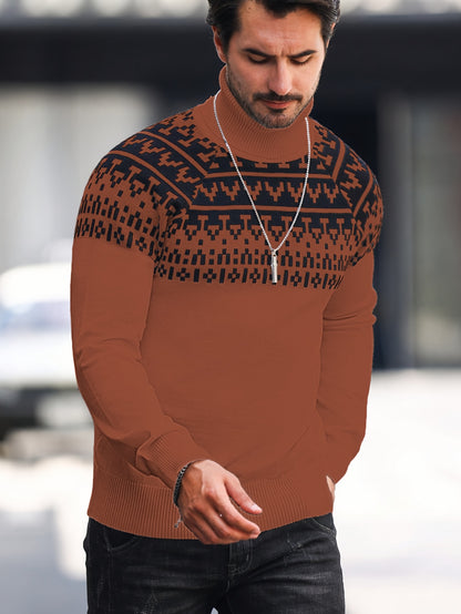 Men’s Geometric Turtleneck Sweater – Casual Knit Pullover for Fall & Winter