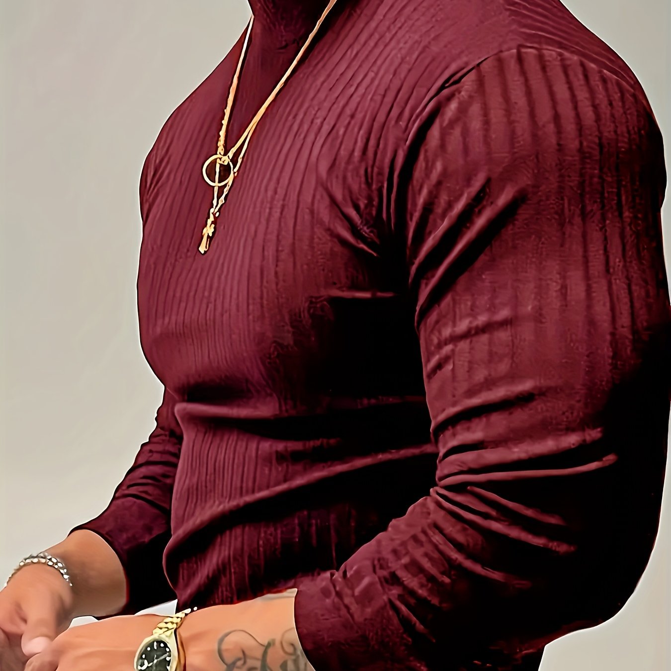 Camiseta de manga larga ajustada acanalada para hombre – Camiseta deportiva con cuello alto