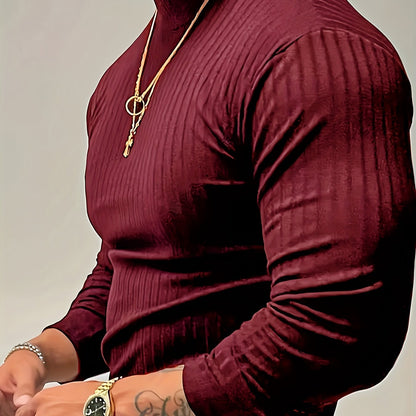 Camiseta de manga larga ajustada acanalada para hombre – Camiseta deportiva con cuello alto