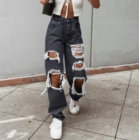 Jean en denim lavé classique Loom & Soul™ – Pantalon femme taille mi-haute coupe droite avec détails effilochés