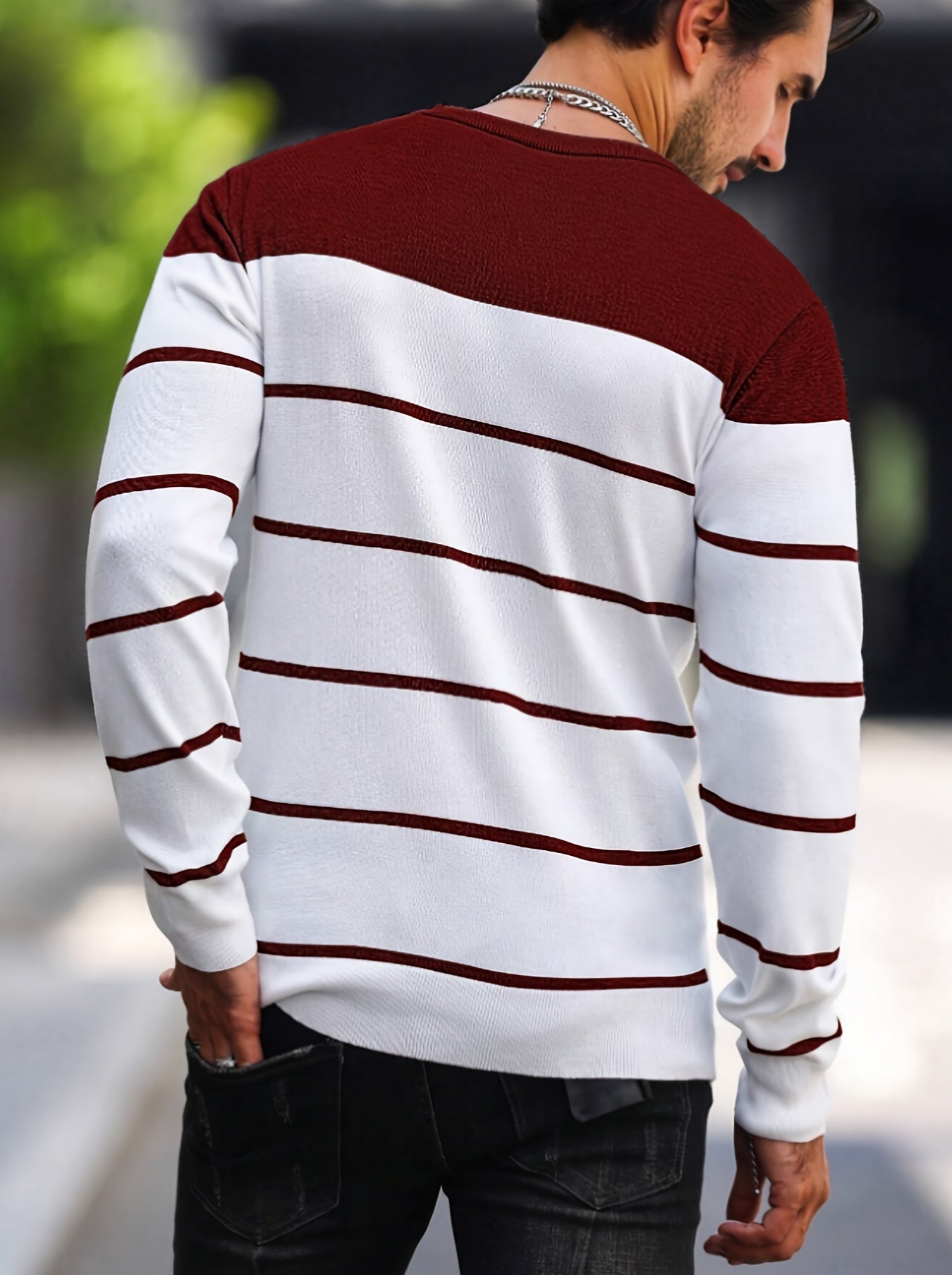 Suéter de punto a rayas azul marino para hombre – Sudadera informal de cuello redondo
