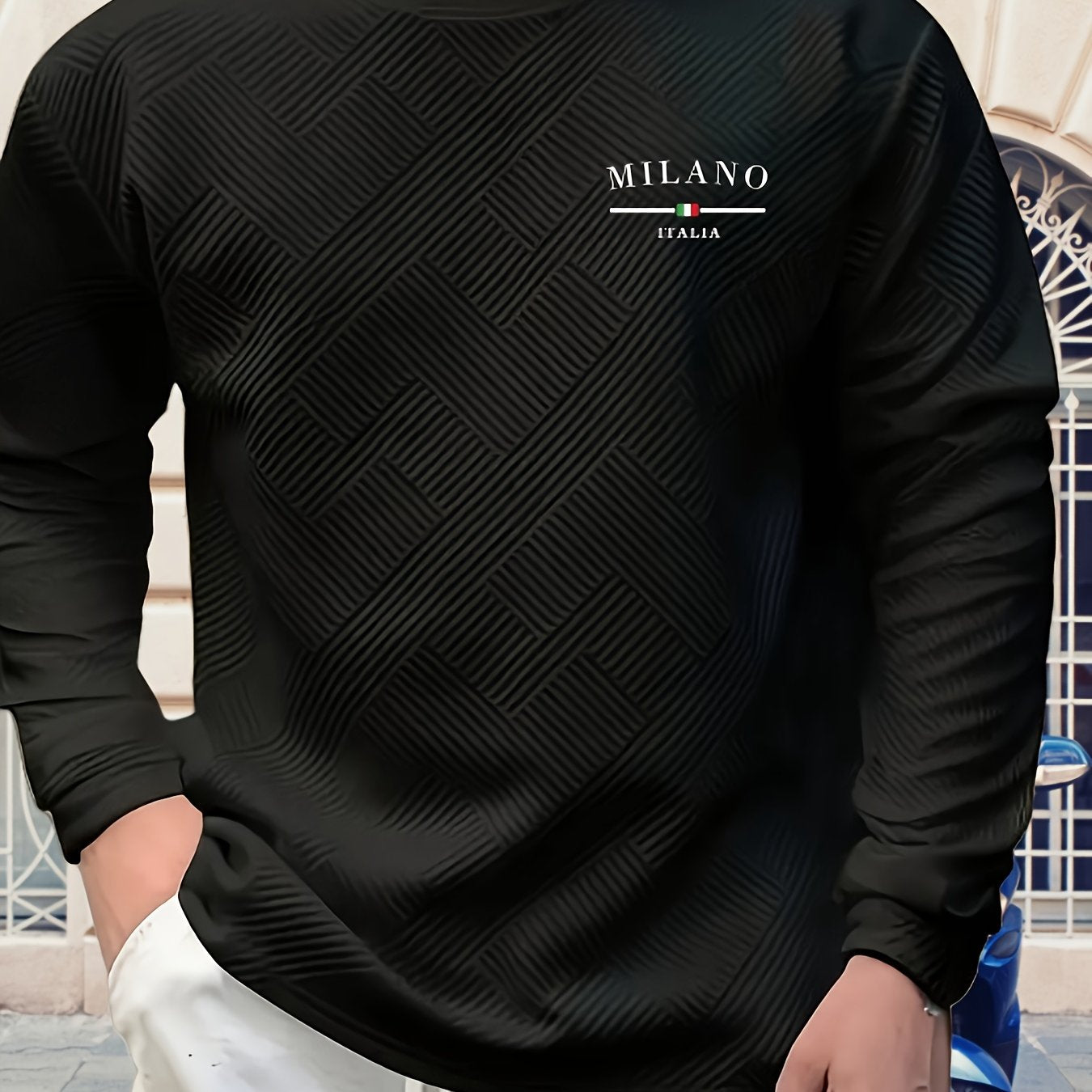 Sudadera jacquard de cuello redondo para hombre – Jersey casual de manga larga con estampado geométrico