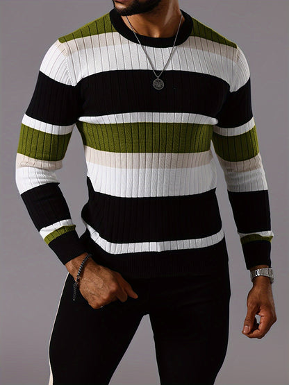 Pull rayé en tricot côtelé pour homme – Pull Color Block Automne Hiver