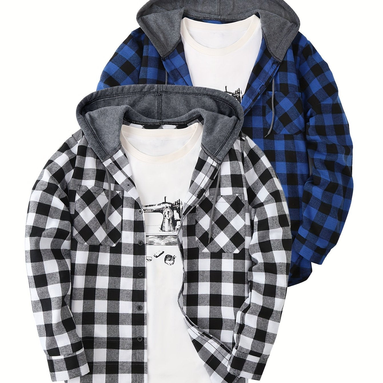 Camisas a cuadros con capucha para hombre, 2 piezas – Conjunto de chaqueta tipo suéter con botones