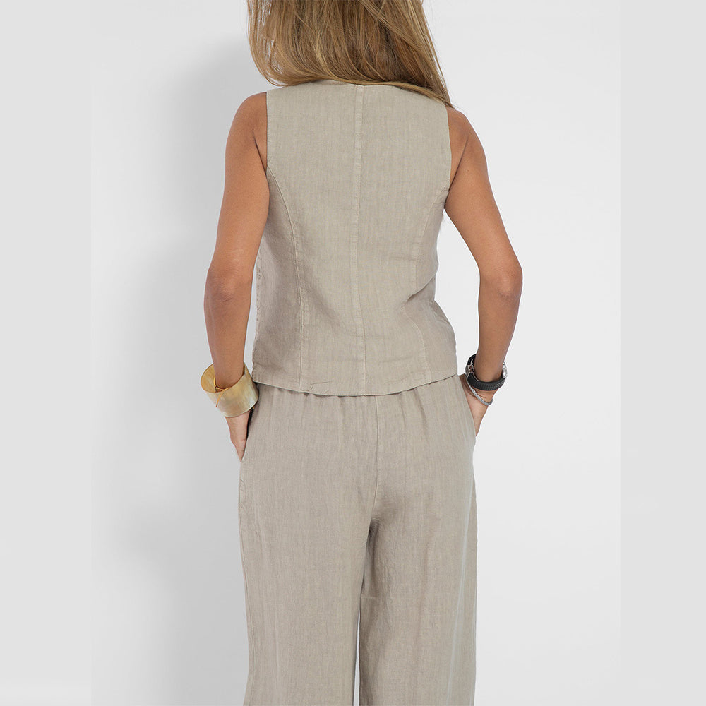 Conjunto de Chaleco y Pantalón de Lino y Algodón Loom & Soul™ para Mujer – Top sin Mangas con Cuello en V y Pantalones Rectos Sueltos
