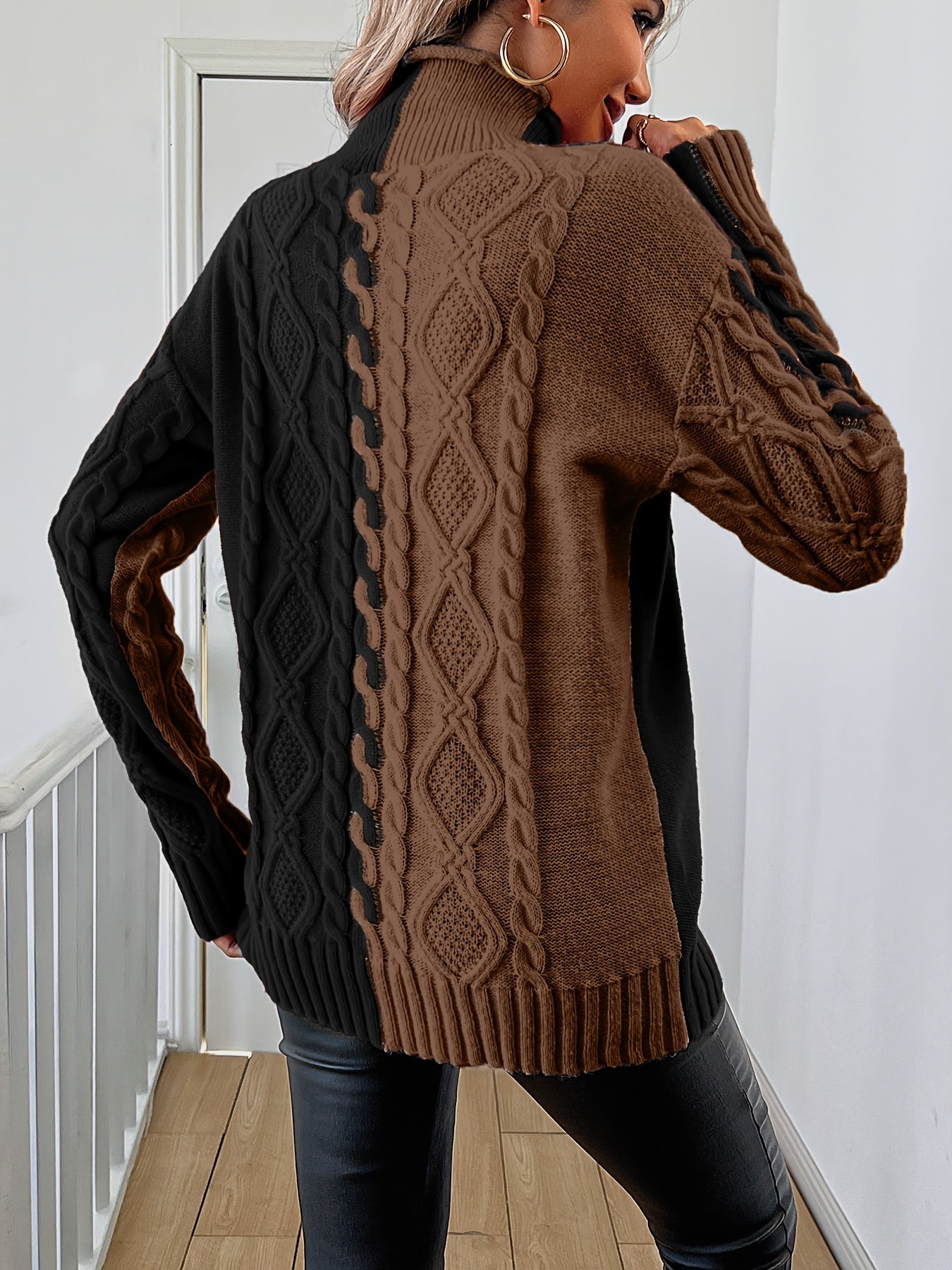 Blusa Elegante de Rayas con Cuello Alto – Top de Manga Larga de Punto Color Block