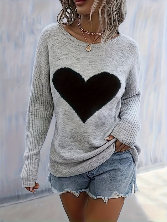 Top de corazón negro para mujer – Elegante blusa suave de cuello redondo para todas las estaciones