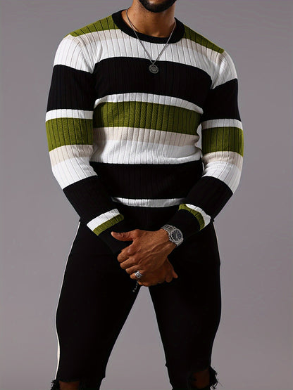 Pull rayé en tricot côtelé pour homme – Pull Color Block Automne Hiver