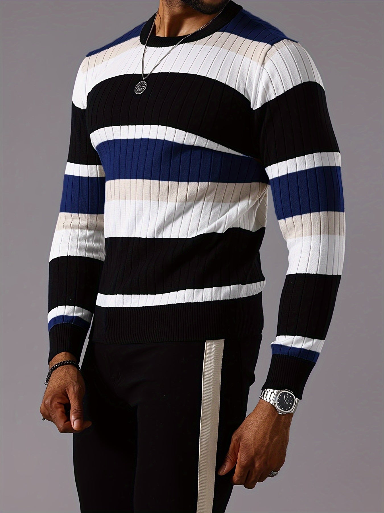 Pull rayé en tricot côtelé pour homme – Pull Color Block Automne Hiver