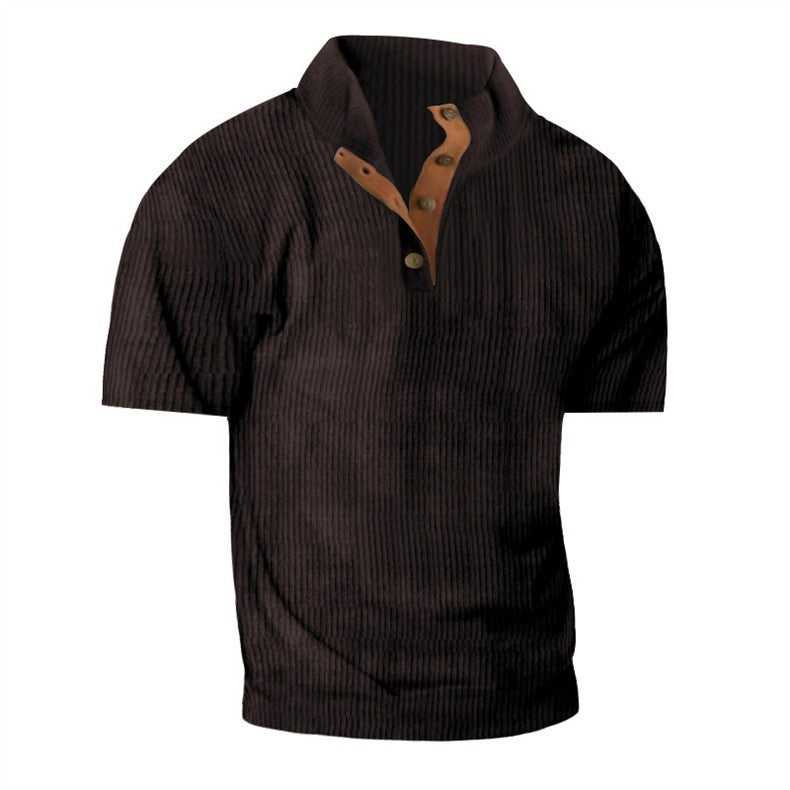 Men’s Corduroy Stand Collar Tee – Textured Casual Short Sleeve