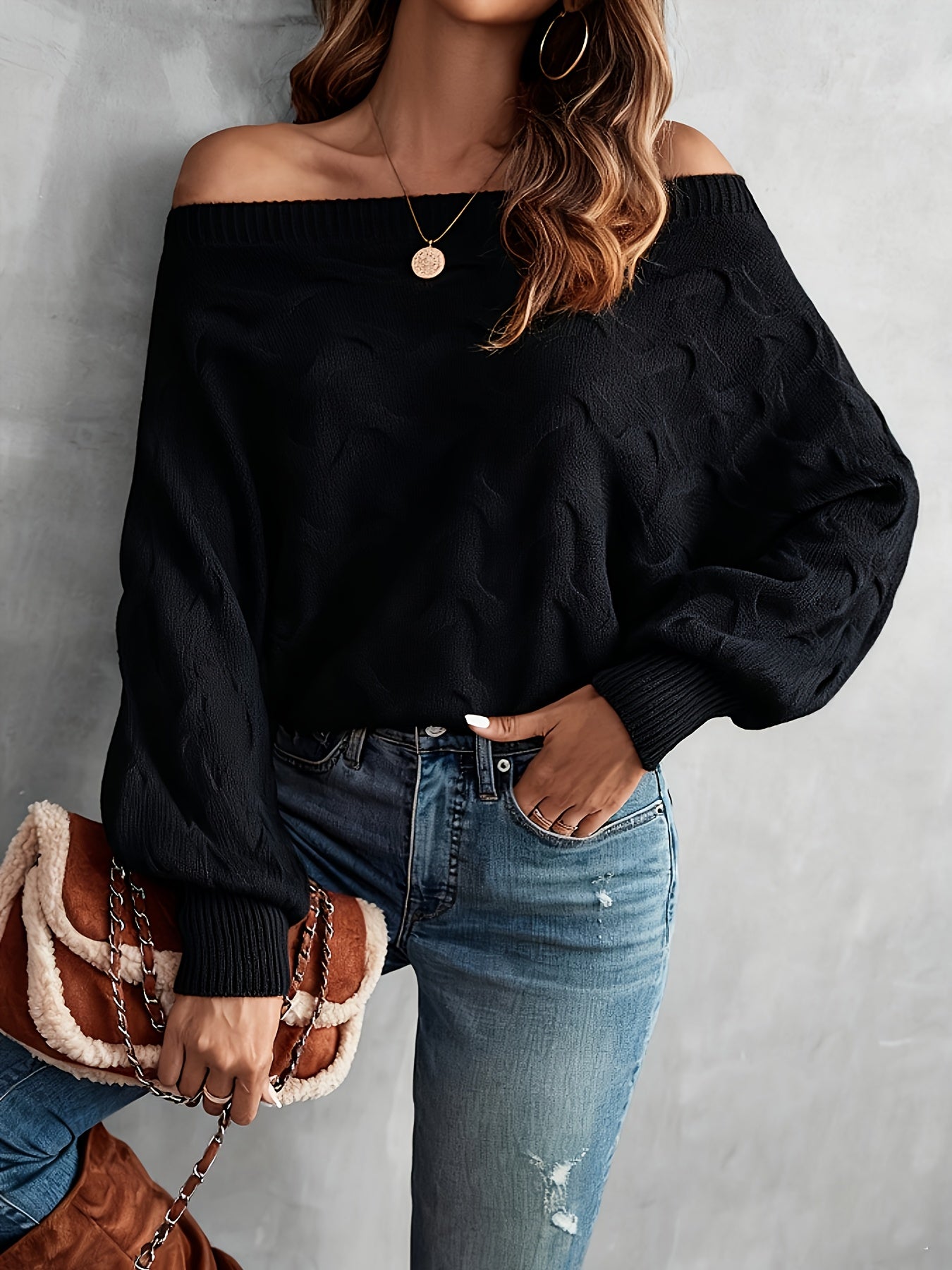 Suéter murciélago para mujer con hombros descubiertos – Tejido holgado para todas las estaciones
