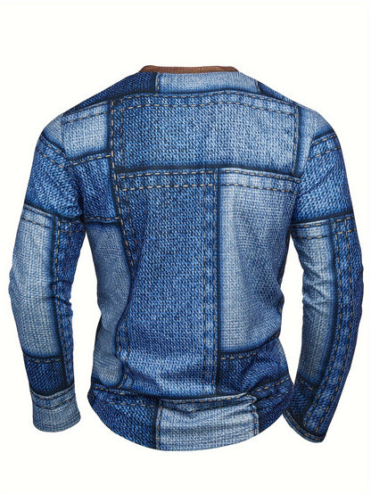 Camisa geométrica Henry para hombre – Camiseta de manga larga con cuello redondo informal