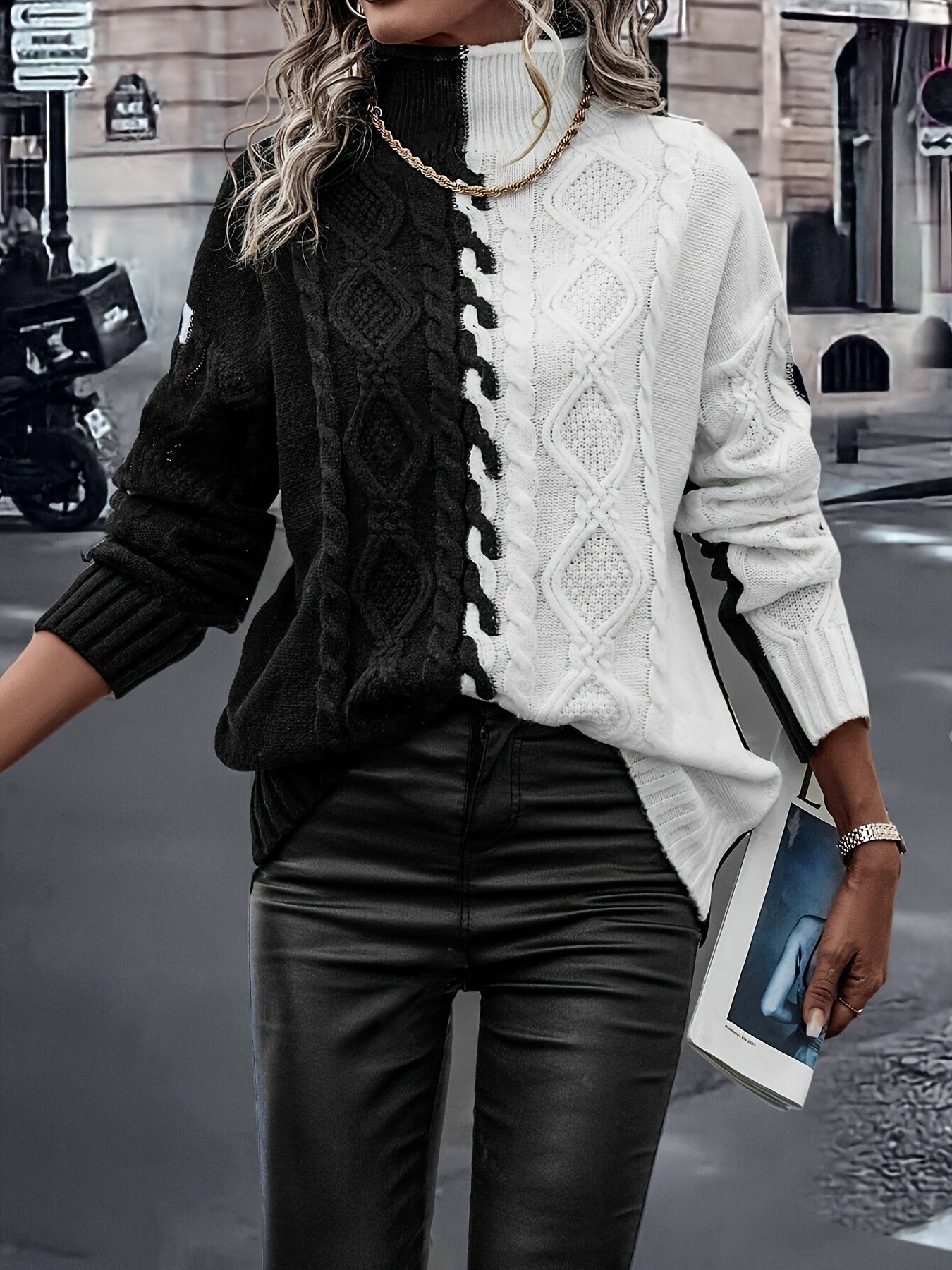 Blusa Elegante de Rayas con Cuello Alto – Top de Manga Larga de Punto Color Block