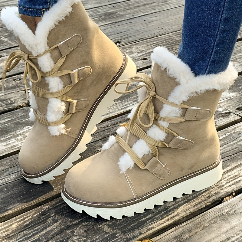 Bottes d'hiver élégantes à lacets pour femme – Chaussures chaudes mi-mollet en fausse fourrure pelucheuse