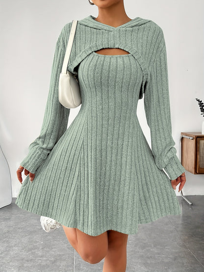 Ensemble 2 pièces côtelé pour femme – Top court à capuche et robe moulante