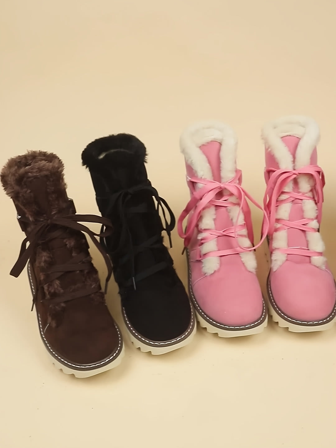 Bottes d'hiver élégantes à lacets pour femme – Chaussures chaudes mi-mollet en fausse fourrure pelucheuse
