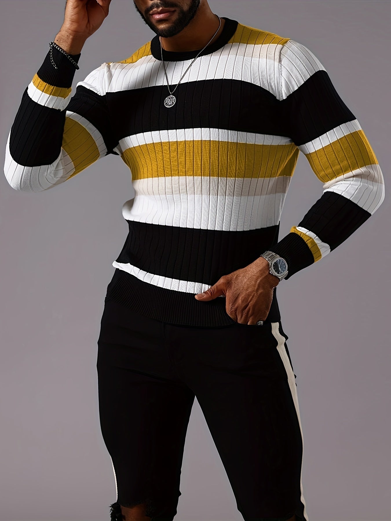 Pull rayé en tricot côtelé pour homme – Pull Color Block Automne Hiver