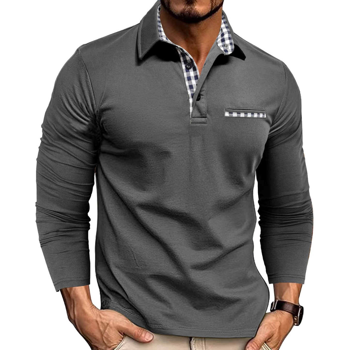 Loom & Soul™ Polo de hombre de manga larga con retales de cuadros y color liso - Casual