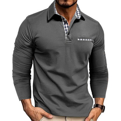 Loom & Soul™ Polo de hombre de manga larga con retales de cuadros y color liso - Casual