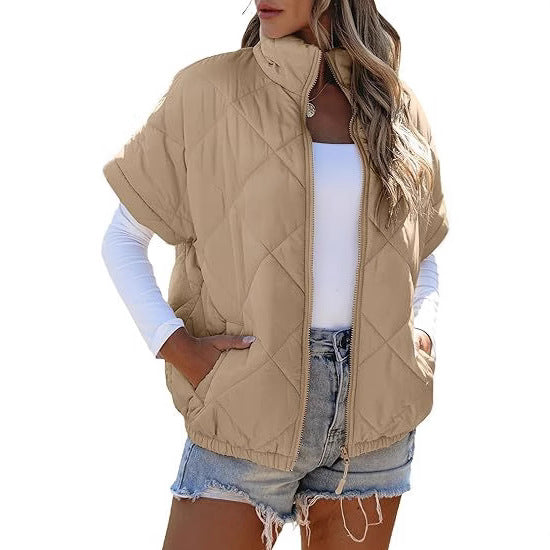 Women’s Diamond Quilted Zip Jacket – Casual Warm Pocket Coat